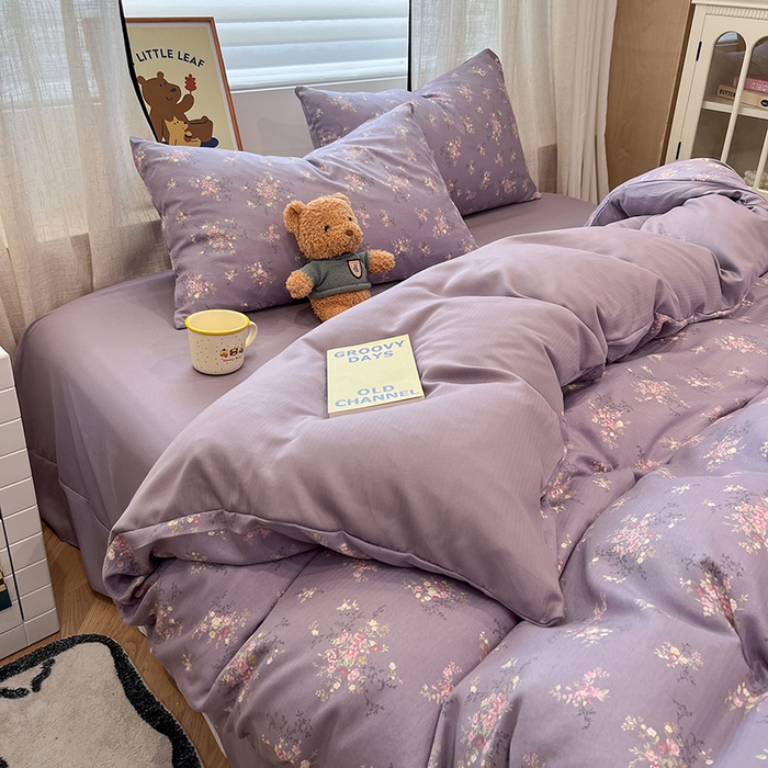 91家纺网 家纺一手货源 找家纺  金梦拉2025新款A类提花人字纹小布袋款四件套紫薰