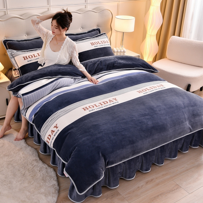 绒宴 2025新款8.5斤牛奶绒金貂法莱绒床裙款保暖四件套 绅士条纹