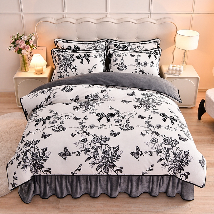 91家纺网 家纺一手货源 找家纺 绒宴 2025新款8.5斤牛奶绒金貂法莱绒床裙款保暖四件套 似水流年