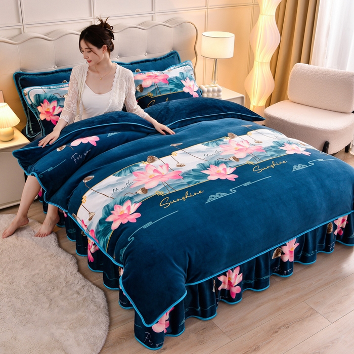 绒宴 2025新款8.5斤牛奶绒金貂法莱绒床裙款保暖四件套 一莲幽梦