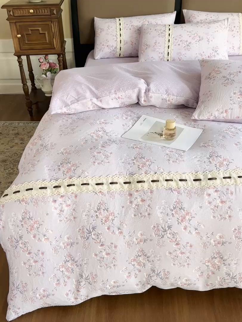 91家纺网 家纺一手货源 找家纺 可思家纺2025新款云感木棉皱皱纱四件套 水中仙紫