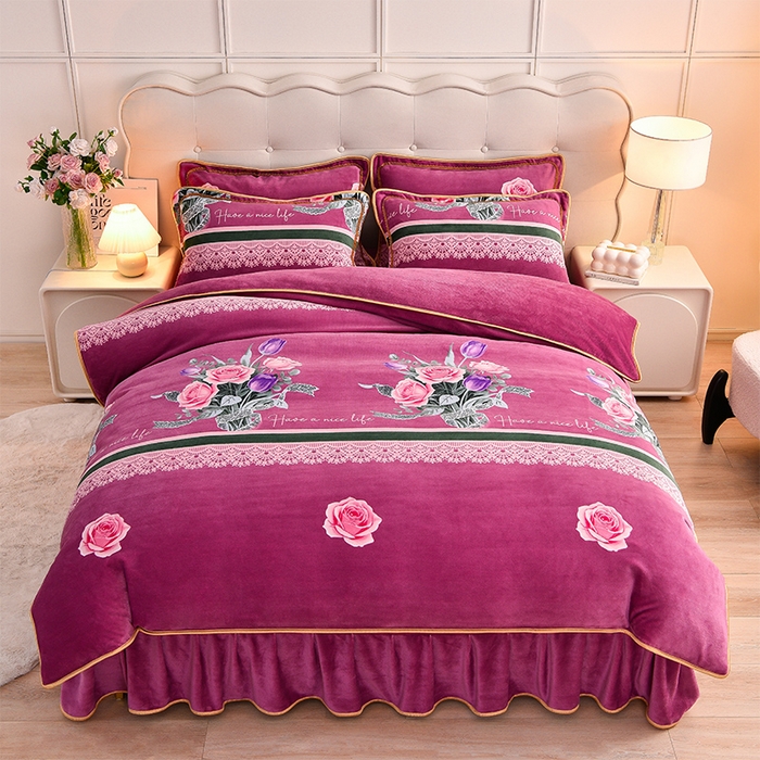 91家纺网 家纺一手货源 找家纺 绒宴 2025新款8.5斤牛奶绒金貂法莱绒床裙款保暖四件套 郁金花开