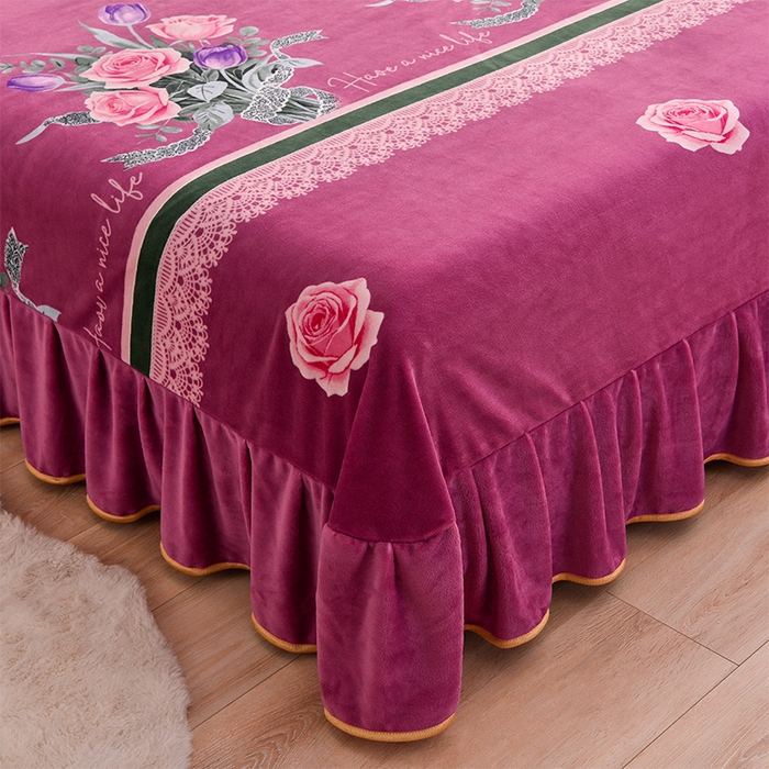 91家纺网 家纺一手货源 找家纺 绒宴 2025新款8.5斤牛奶绒金貂法莱绒床裙款保暖四件套 郁金花开