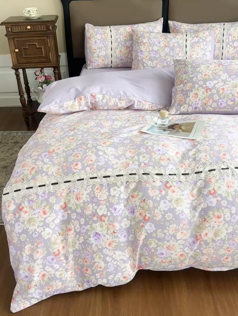 91家纺网 家纺一手货源 找家纺 可思家纺2025新款云感木棉皱皱纱四件套 满庭芳