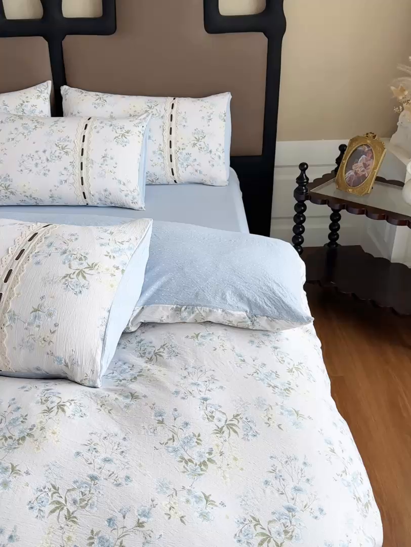 91家纺网 家纺一手货源 找家纺 可思家纺2025新款云感木棉皱皱纱四件套 兰亭雅叙