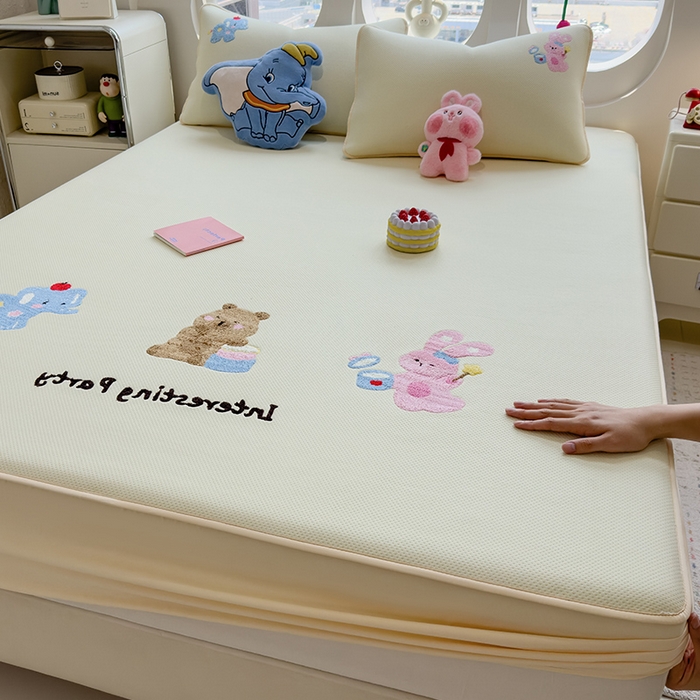 莱家富 2025新款A类彩绒棉毛巾绣夹棉床笠三件套单床笠 萌友派对-奶油黄