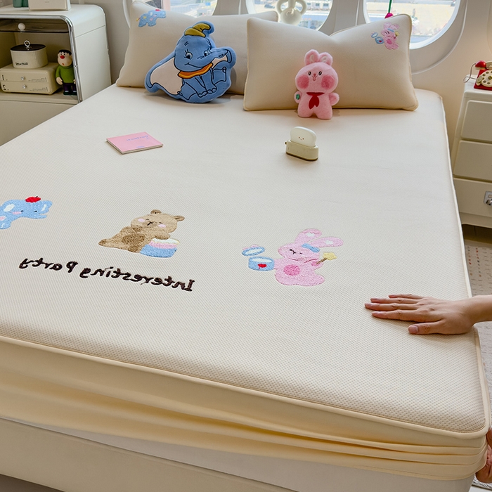 莱家富 2025新款A类彩绒棉毛巾绣夹棉床笠三件套单床笠 萌友派对-雾栗咖