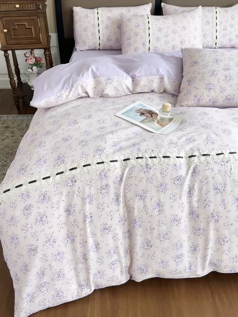 91家纺网 家纺一手货源 找家纺 可思家纺2025新款云感木棉皱皱纱四件套 浪漫花季