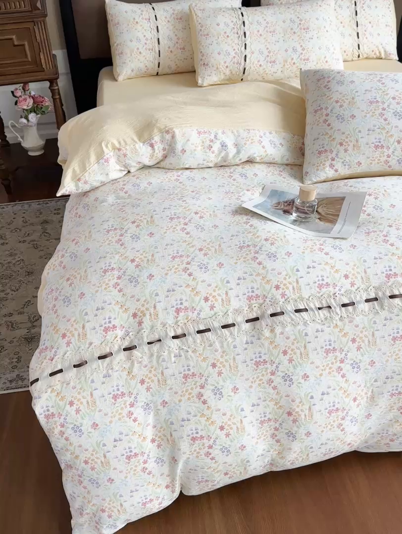 91家纺网 家纺一手货源 找家纺 可思家纺2025新款云感木棉皱皱纱四件套 花田梦语