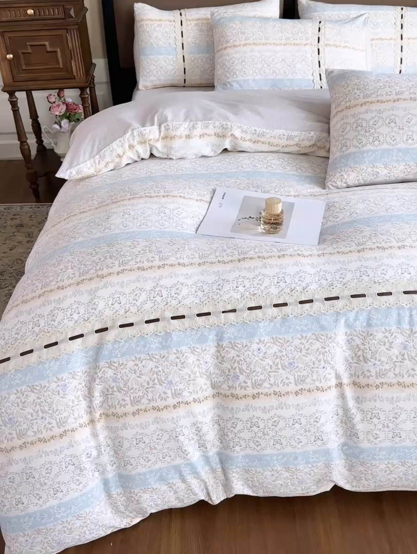 91家纺网 家纺一手货源 找家纺 可思家纺2025新款云感木棉皱皱纱四件套 蝶舞翩翩