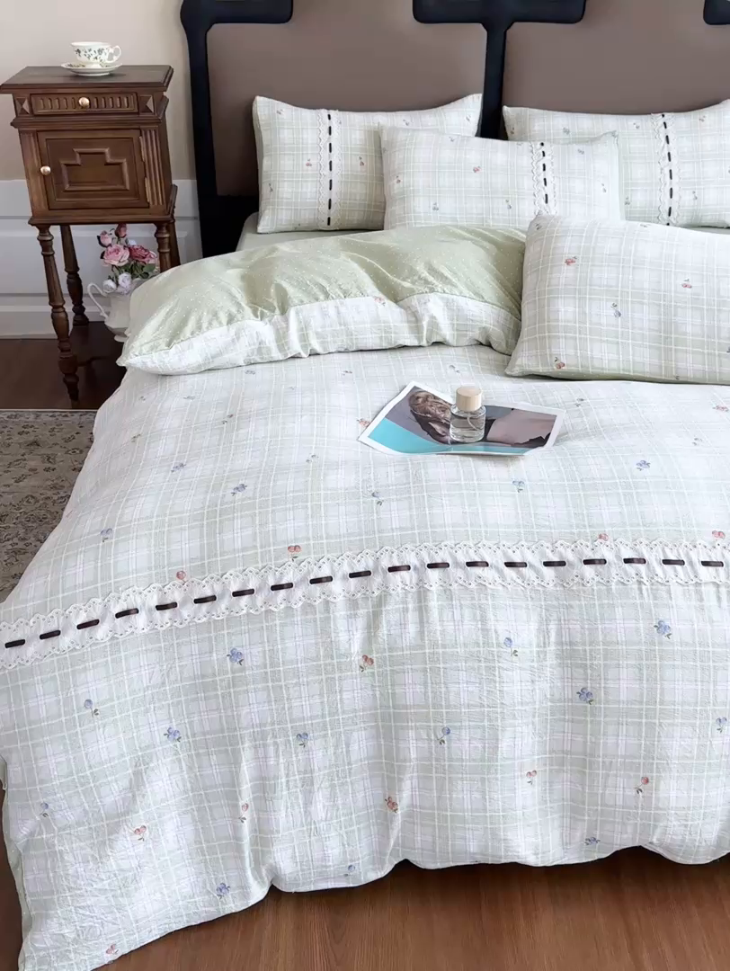 91家纺网 家纺一手货源 找家纺 可思家纺2025新款云感木棉皱皱纱四件套 春日小花