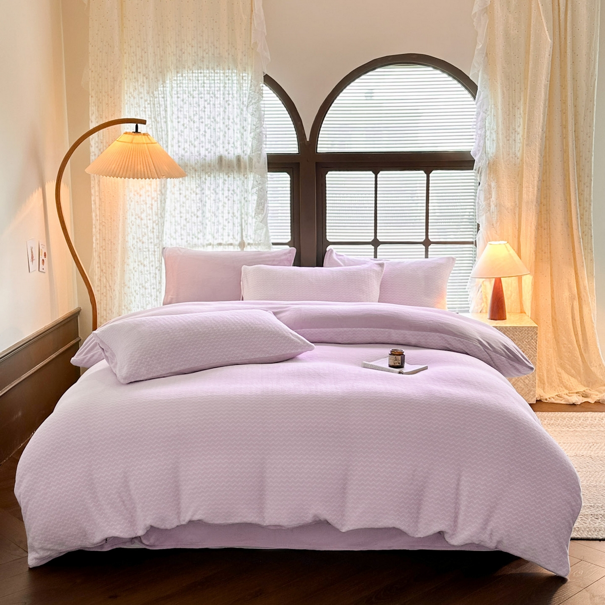 91家纺网 家纺一手货源 找家纺 酱子 2025新款色织阳离子提花牛奶绒四件套 色织-浅紫