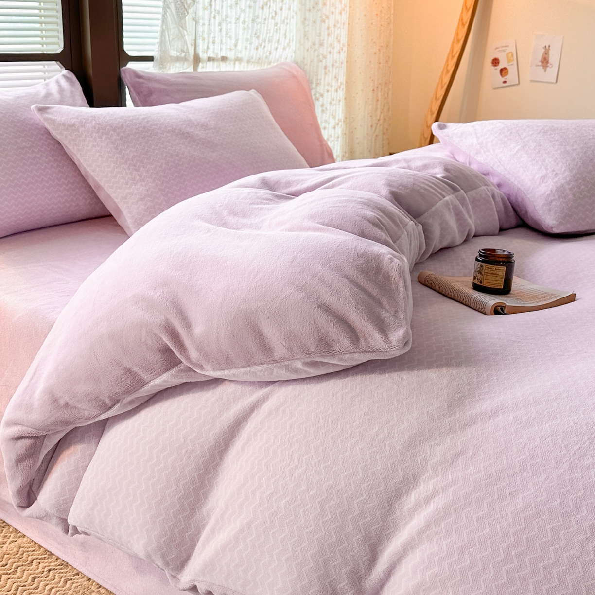 91家纺网 家纺一手货源 找家纺 酱子 2025新款色织阳离子提花牛奶绒四件套 色织-浅紫