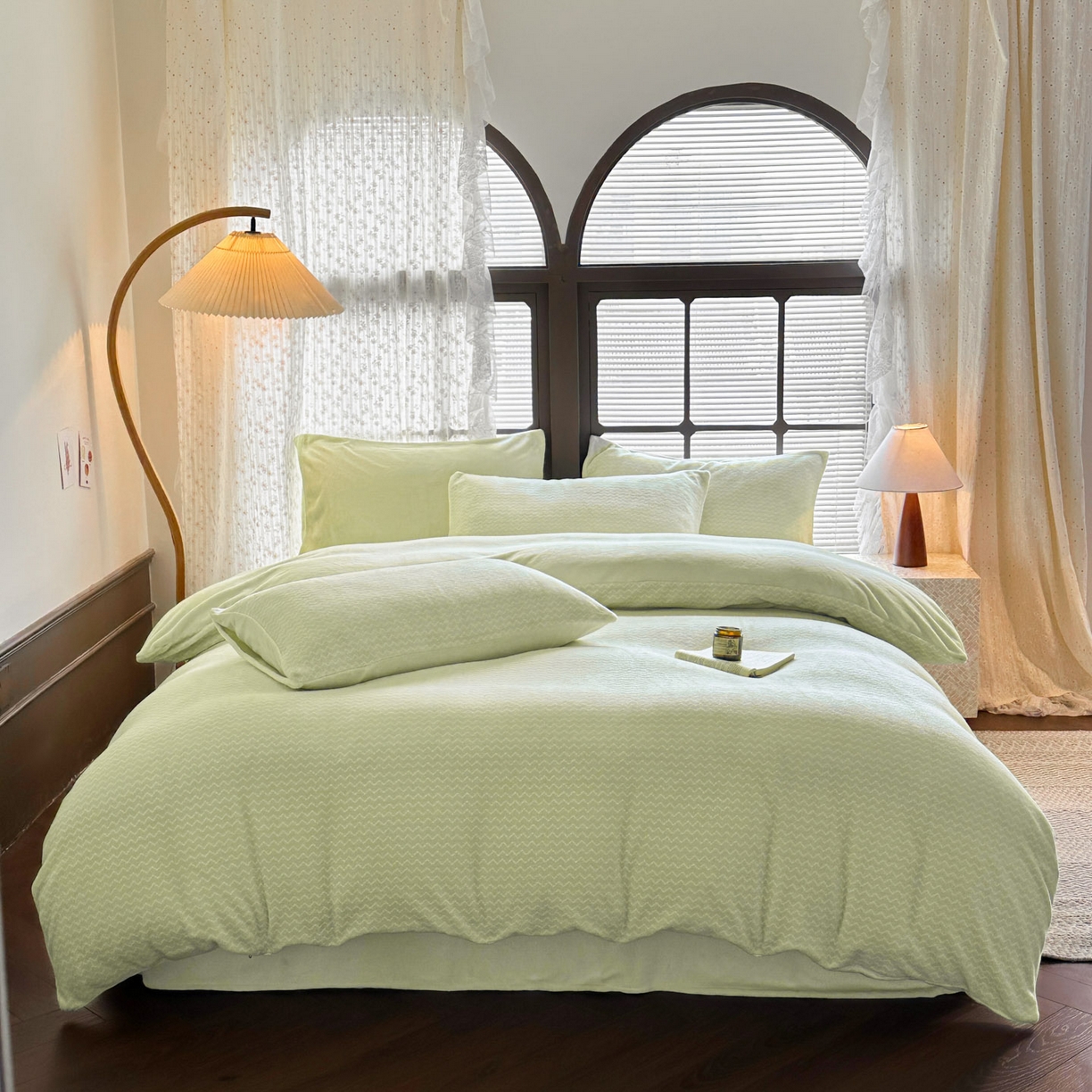 91家纺网 家纺一手货源 找家纺 酱子 2025新款色织阳离子提花牛奶绒四件套 色织-芽绿