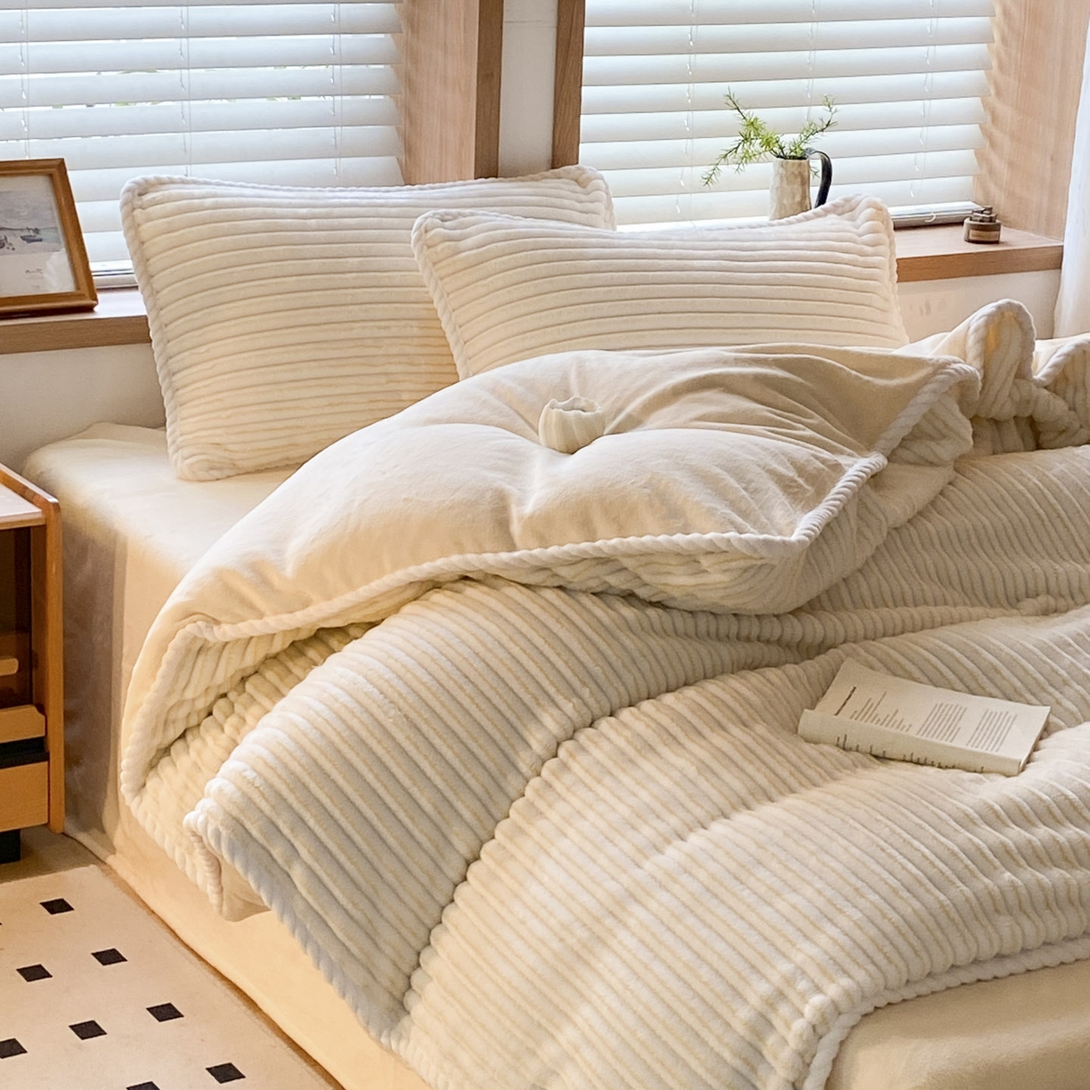 91家纺网 家纺一手货源 找家纺 酱子 2025新款阳离子立体提花绒抽条四件套 阳离子抽条-奶黄