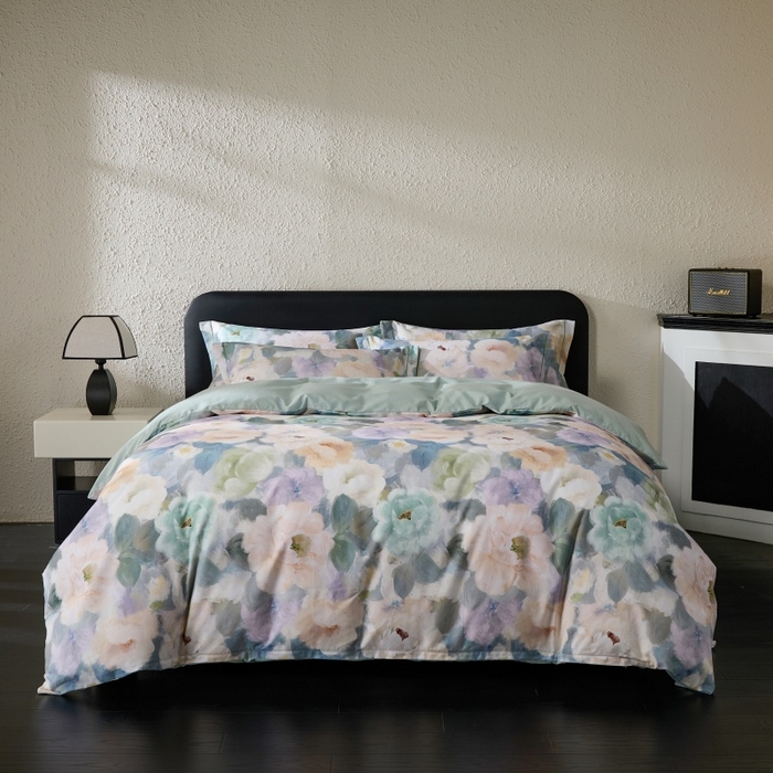 91家纺网 家纺一手货源 找家纺 薏思家纺 2025新款全棉纯棉活性生态磨毛数码印花四件套-花卉类 赫拉小姐-蓝