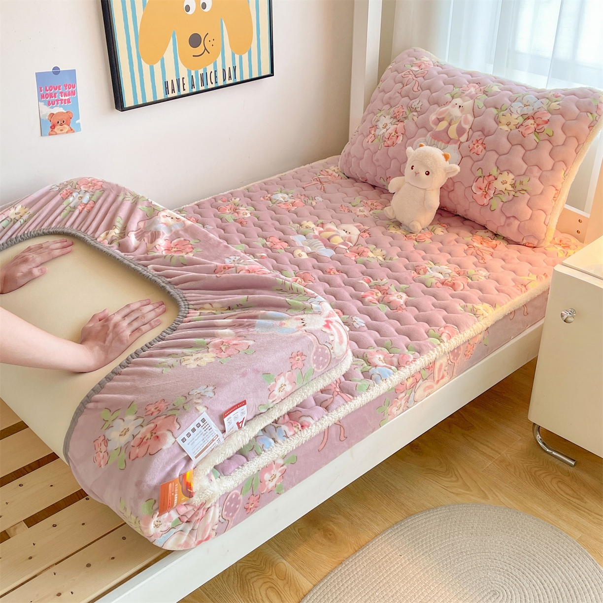 雯豆家纺 2025新款学生上下铺加厚牛奶绒夹棉床笠宿舍大学生床垫保护套 牛奶绒床笠-花花仙子