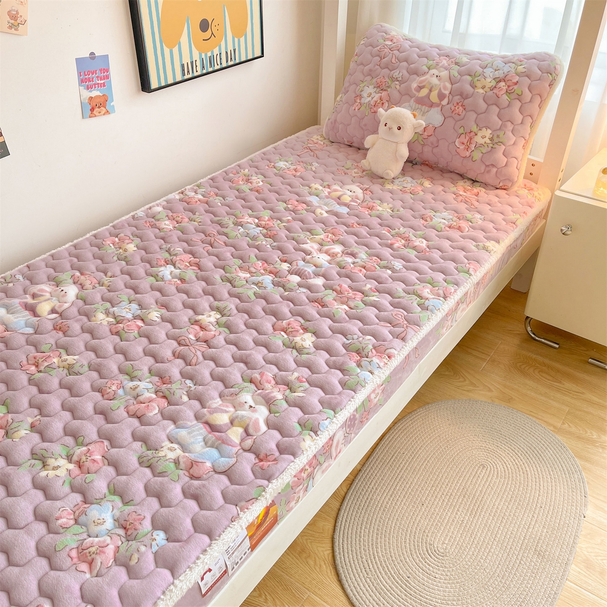 91家纺网 家纺一手货源 找家纺 雯豆家纺 2025新款学生上下铺加厚牛奶绒夹棉床笠宿舍大学生床垫保护套 牛奶绒床笠-花花仙子