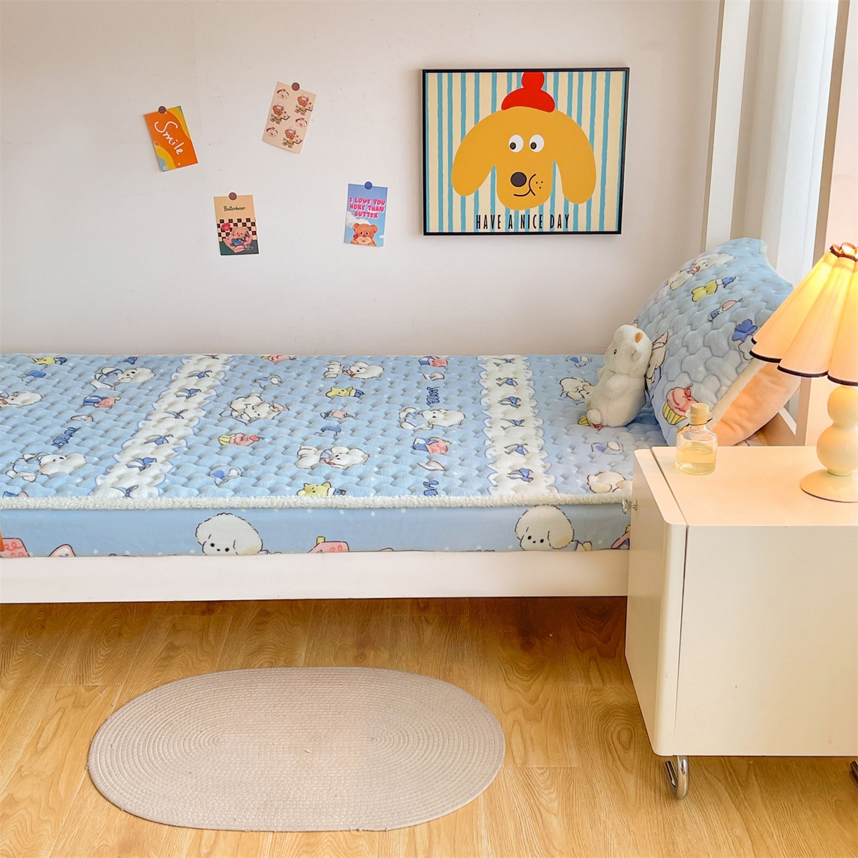 91家纺网 家纺一手货源 找家纺 雯豆家纺 2025新款学生上下铺加厚牛奶绒夹棉床笠宿舍大学生床垫保护套 牛奶绒床笠-奶蓝小狗