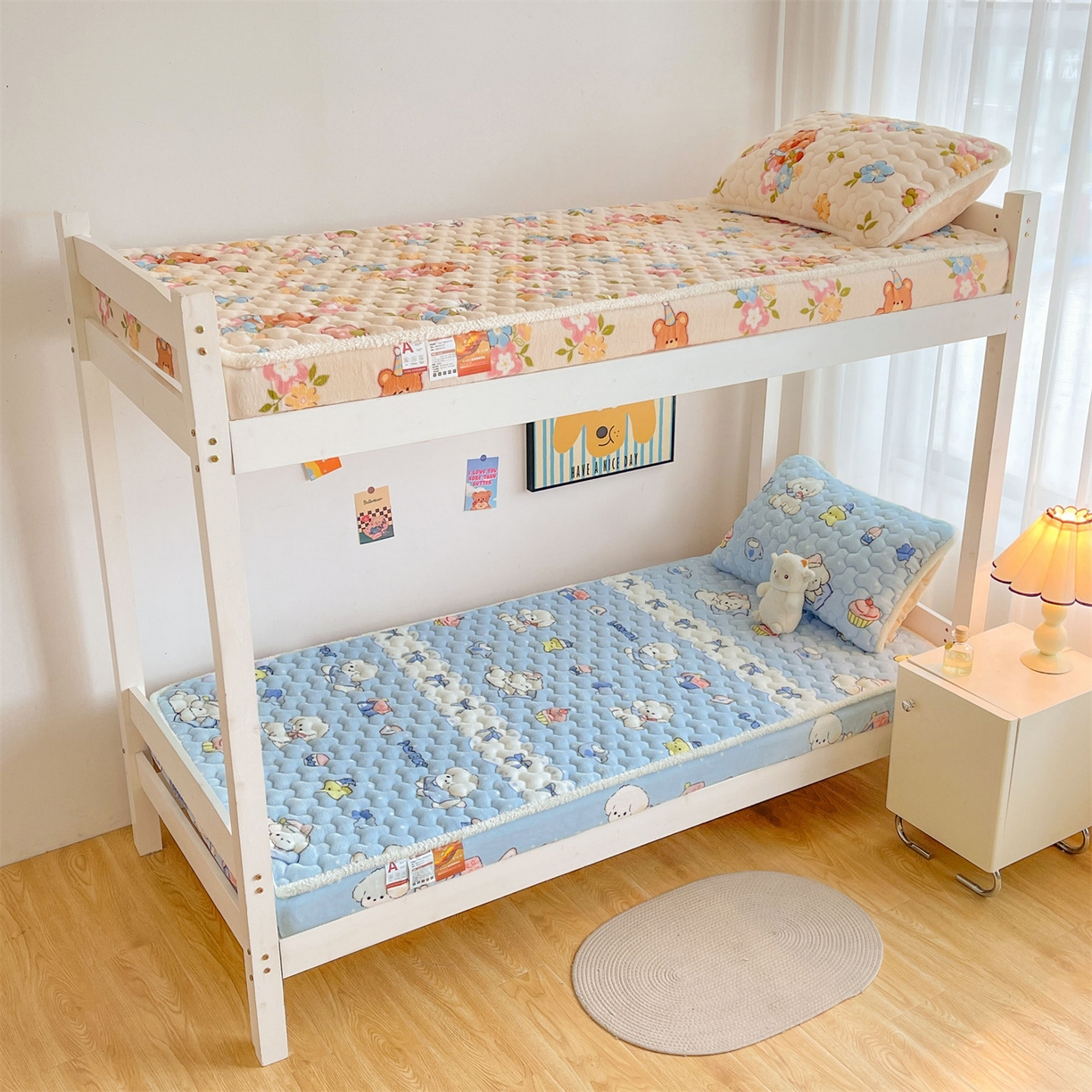 91家纺网 家纺一手货源 找家纺 雯豆家纺 2025新款学生上下铺加厚牛奶绒夹棉床笠宿舍大学生床垫保护套 牛奶绒床笠-奶蓝小狗