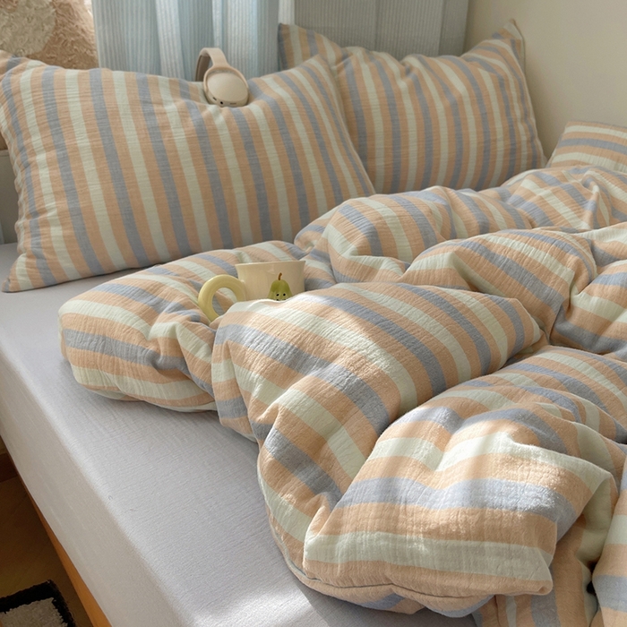 91家纺网 家纺一手货源 找家纺 （总）莱茵家居 2025新款全棉纯棉皱皱纱条纹四件套-杼影