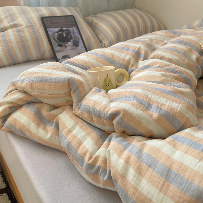 91家纺网 家纺一手货源 找家纺 （总）莱茵家居 2025新款全棉纯棉皱皱纱条纹四件套-杼影,杼影-咖纸蓝,杼影-冷雾蓝,杼影-麦浪紫,杼影-绵云咖,杼影-奶泡粉,杼影-暖果黄,杼影-午茶绿,杼影-雨巷灰