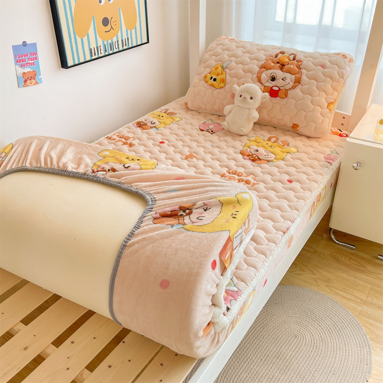 雯豆家纺 2025新款学生上下铺加厚牛奶绒夹棉床笠宿舍大学生床垫保护套 牛奶绒床笠-甜心布布