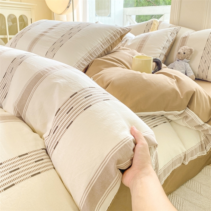 91家纺网 家纺一手货源 找家纺 灰鲸 2025新款A类全棉纯棉色织提花四件套 素瑾-咖