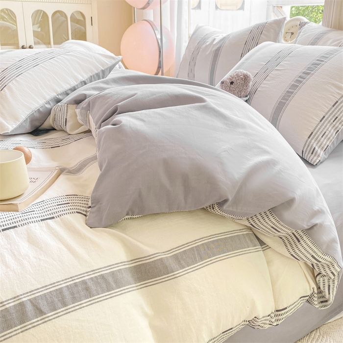 91家纺网 家纺一手货源 找家纺 灰鲸 2025新款A类全棉纯棉色织提花四件套 素瑾-灰