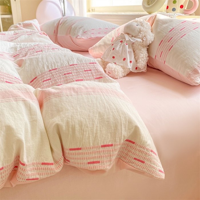 91家纺网 家纺一手货源 找家纺 灰鲸 2025新款A类全棉纯棉色织提花四件套 素瑾-粉