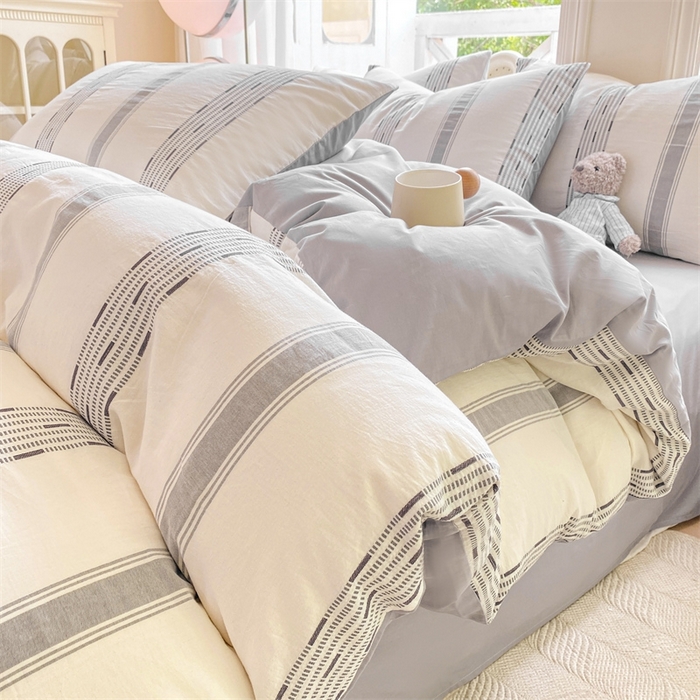 91家纺网 家纺一手货源 找家纺 灰鲸 2025新款A类全棉纯棉色织提花四件套 素瑾-灰