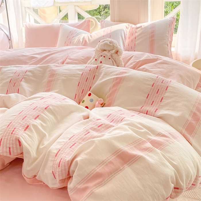 91家纺网 家纺一手货源 找家纺 灰鲸 2025新款A类全棉纯棉色织提花四件套 素瑾-粉