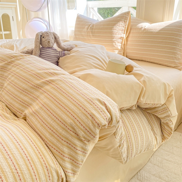 91家纺网 家纺一手货源 找家纺 灰鲸 2025新款A类全棉纯棉色织提花四件套 美拉-杏