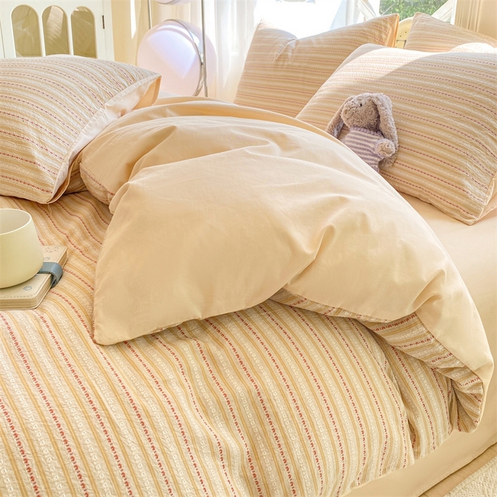 91家纺网 家纺一手货源 找家纺 灰鲸 2025新款A类全棉纯棉色织提花四件套 美拉-杏