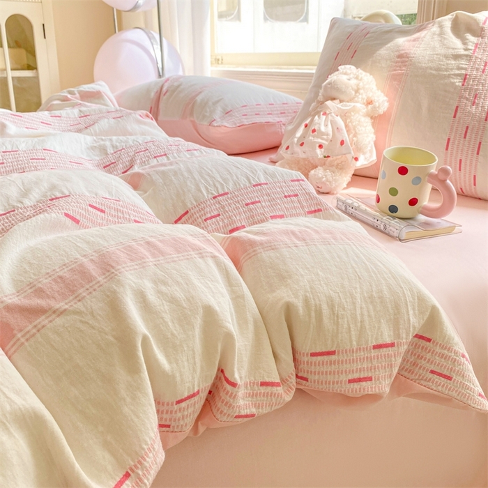 91家纺网 家纺一手货源 找家纺 灰鲸 2025新款A类全棉纯棉色织提花四件套 素瑾-粉