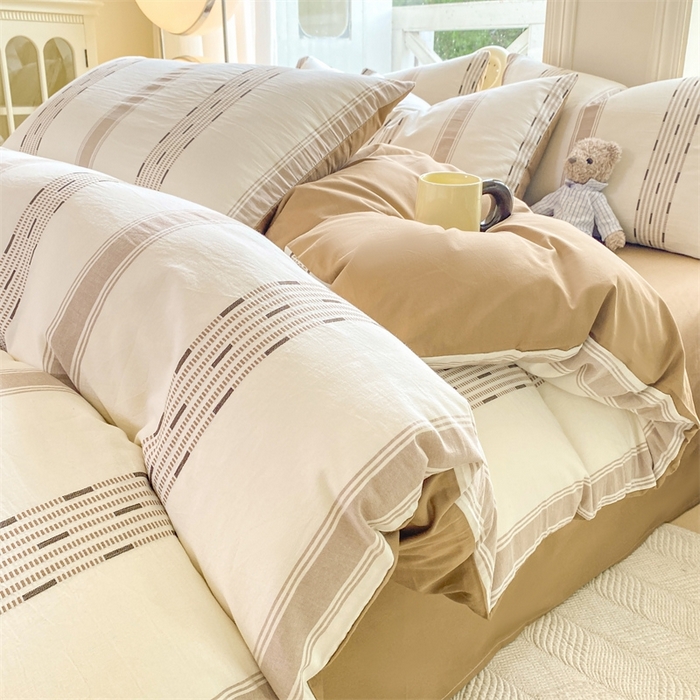 91家纺网 家纺一手货源 找家纺 灰鲸 2025新款A类全棉纯棉色织提花四件套 素瑾-咖