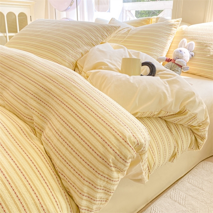 91家纺网 家纺一手货源 找家纺 灰鲸 2025新款A类全棉纯棉色织提花四件套 美拉-黄