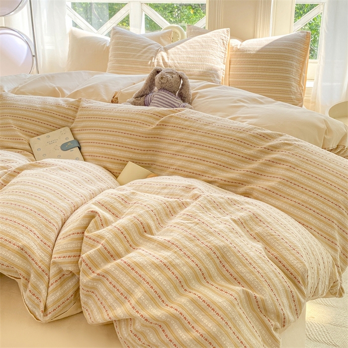 91家纺网 家纺一手货源 找家纺 灰鲸 2025新款A类全棉纯棉色织提花四件套 美拉-杏