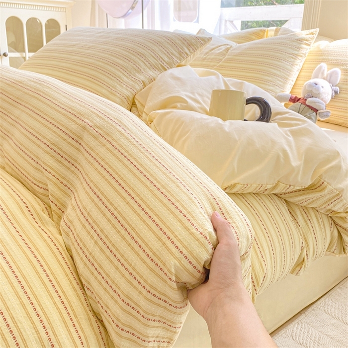 91家纺网 家纺一手货源 找家纺 灰鲸 2025新款A类全棉纯棉色织提花四件套 美拉-黄