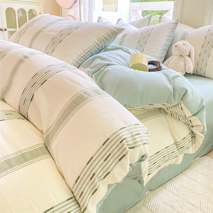 91家纺网 家纺一手货源 找家纺 灰鲸 2025新款A类全棉纯棉色织提花四件套 素瑾-绿