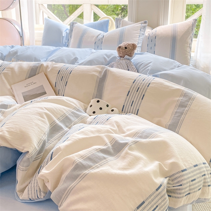 91家纺网 家纺一手货源 找家纺 灰鲸 2025新款A类全棉纯棉色织提花四件套 素瑾-蓝