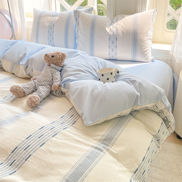 91家纺网 家纺一手货源 找家纺 灰鲸 2025新款A类全棉纯棉色织提花四件套 素瑾-蓝