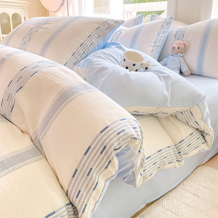 91家纺网 家纺一手货源 找家纺 灰鲸 2025新款A类全棉纯棉色织提花四件套 素瑾-蓝