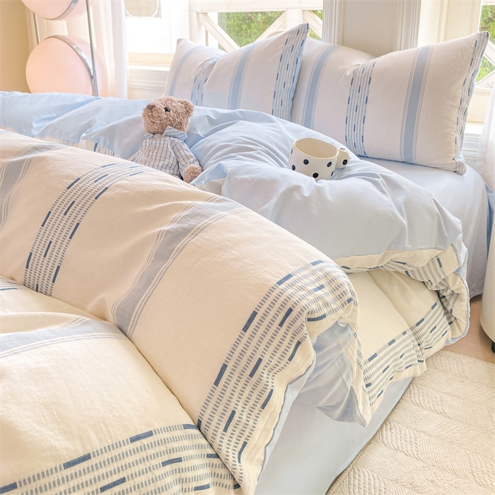 91家纺网 家纺一手货源 找家纺 灰鲸 2025新款A类全棉纯棉色织提花四件套 素瑾-蓝