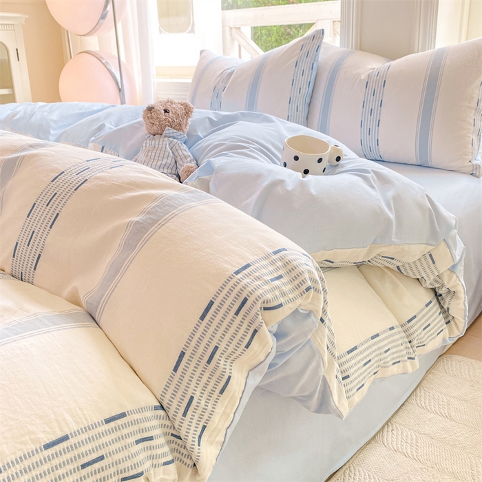 91家纺网 家纺一手货源 找家纺 灰鲸 2025新款A类全棉纯棉色织提花四件套 素瑾-蓝