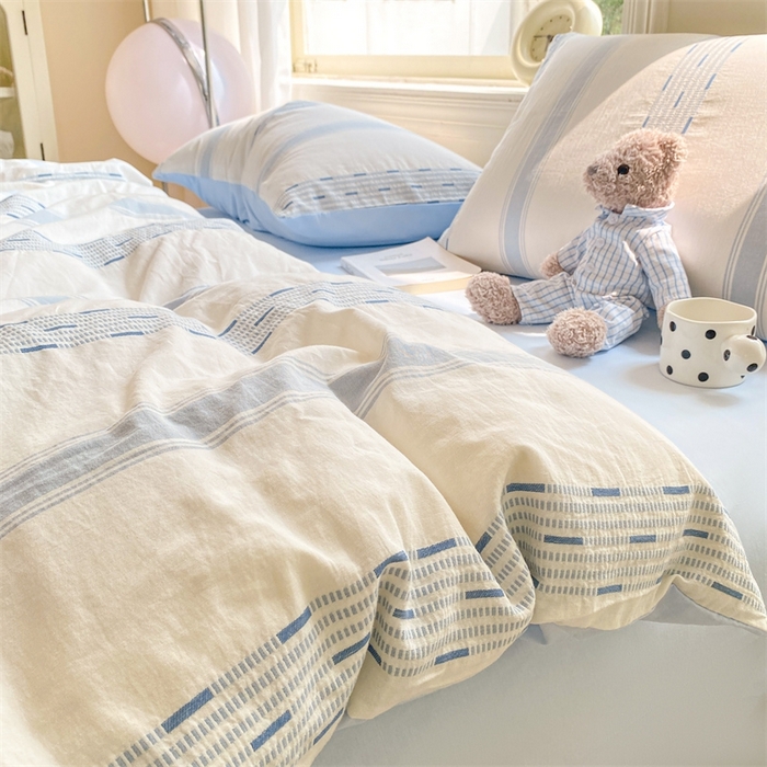 91家纺网 家纺一手货源 找家纺 灰鲸 2025新款A类全棉纯棉色织提花四件套 素瑾-蓝