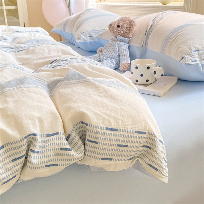 91家纺网 家纺一手货源 找家纺 灰鲸 2025新款A类全棉纯棉色织提花四件套 素瑾-蓝