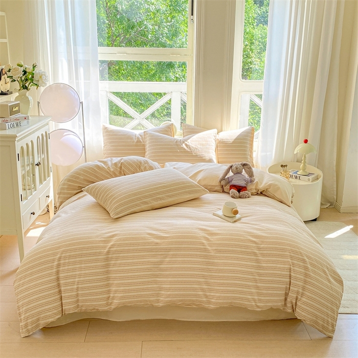 91家纺网 家纺一手货源 找家纺 灰鲸 2025新款A类全棉纯棉色织提花四件套 美拉-杏