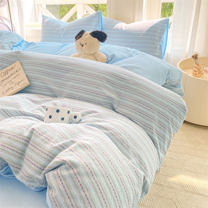 91家纺网 家纺一手货源 找家纺 灰鲸 2025新款A类全棉纯棉色织提花四件套 美拉-蓝