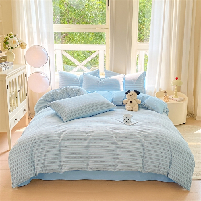 91家纺网 家纺一手货源 找家纺 灰鲸 2025新款A类全棉纯棉色织提花四件套 美拉-蓝